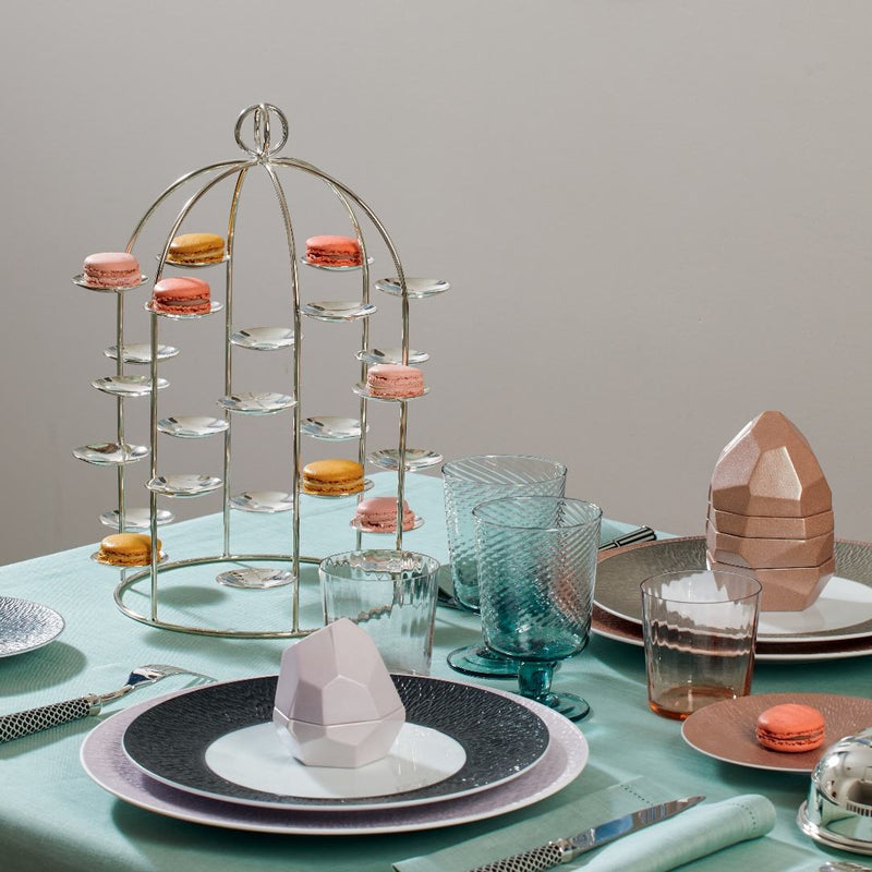 Dining table setting with a Silver-plated Petit Fours Latitude stand with twenty-four small dishes by Ercuis, designed for displaying macarons, chocolates, or desserts in an elegant presentation.