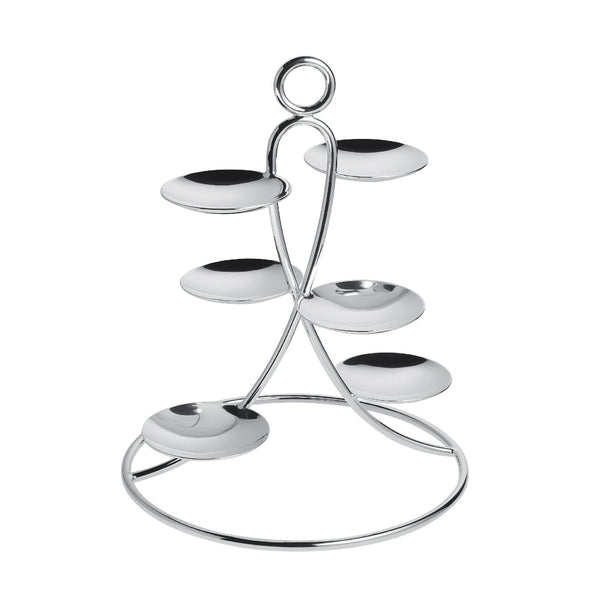Silver-plated Petit Fours Latitude stand with six small dishes by Ercuis, ideal for serving macarons, petits fours, or desserts in a luxury setting.