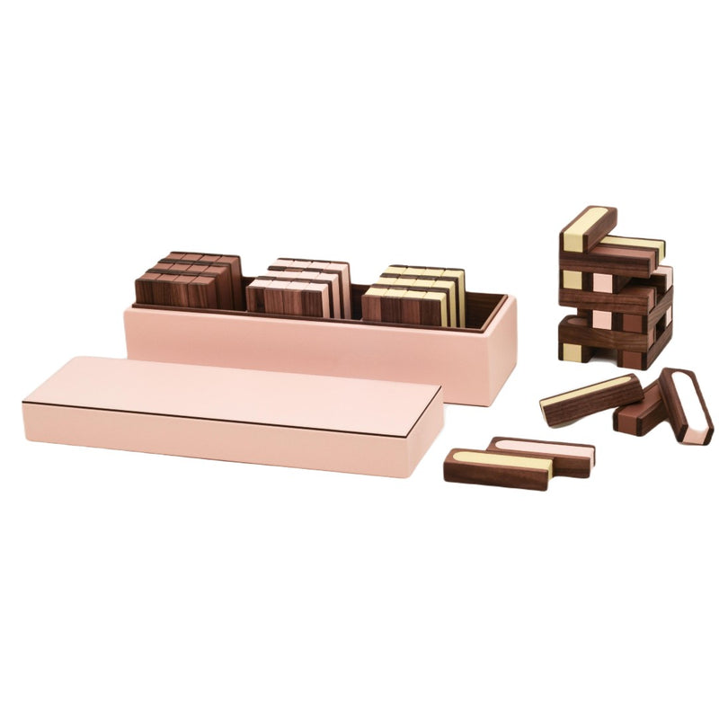 Luxury Jenga game set in Cipria leather and walnut wood opened by Pinetti.