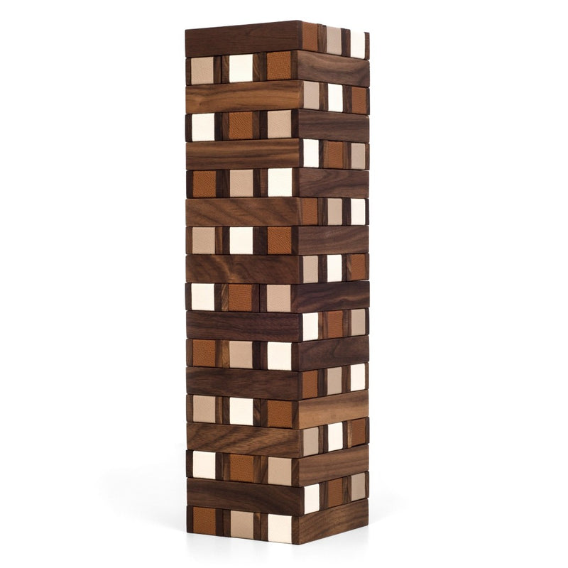 Luxury Jenga game set in Cipria leather and walnut wood styled tower by Pinetti.