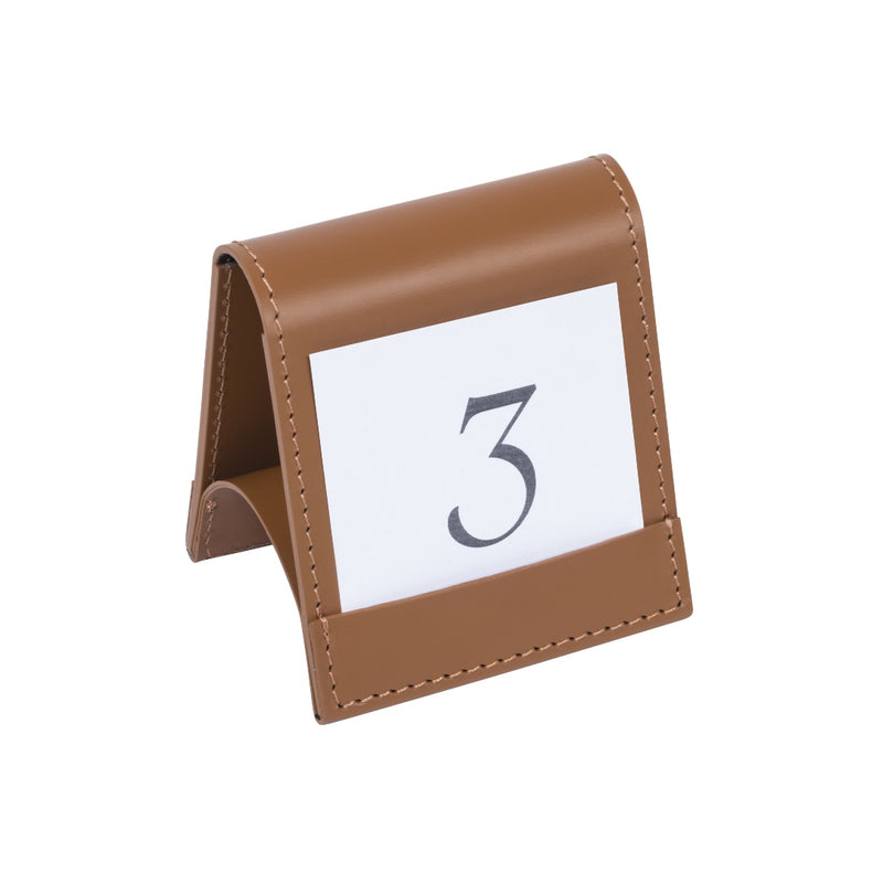 Brown leather table place card holder with a white card displaying the number '3' on a white background