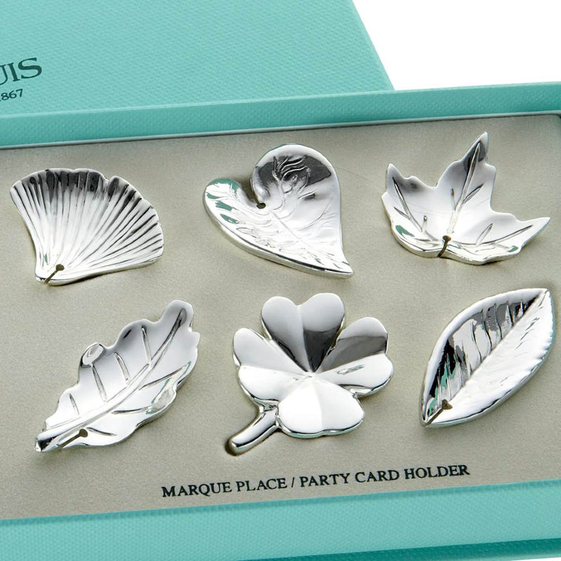 Close-u of silver-plated leaf place card holders set of six by Ercuis