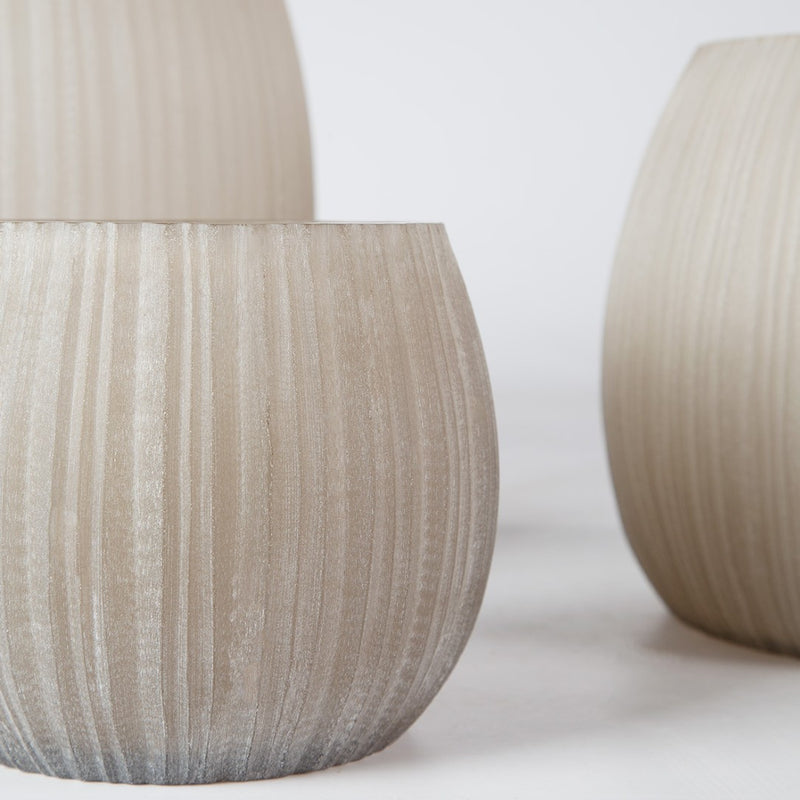 group of 3 close-up Planter Connemara by Guaxs in smokegrey hand-cut glass, sculptural luxury home accent