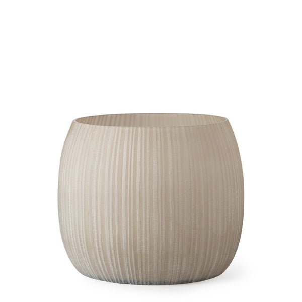 A smokegrey glass planter with a textured surface and a tapered shape.