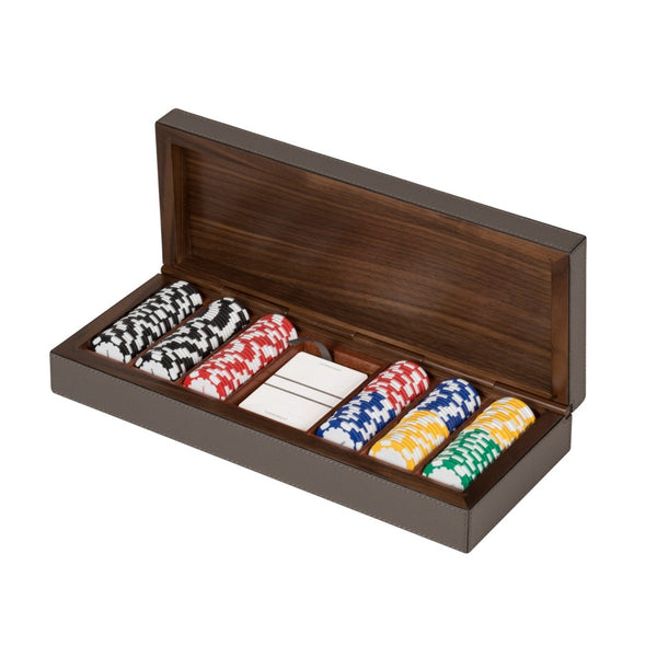 Luxury Poker Case in leather and walnut by Giobagnara, featuring premium playing cards and poker chips.