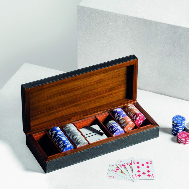 Styled Luxury Poker Case in leather and walnut by Giobagnara, featuring premium playing cards and poker chips.