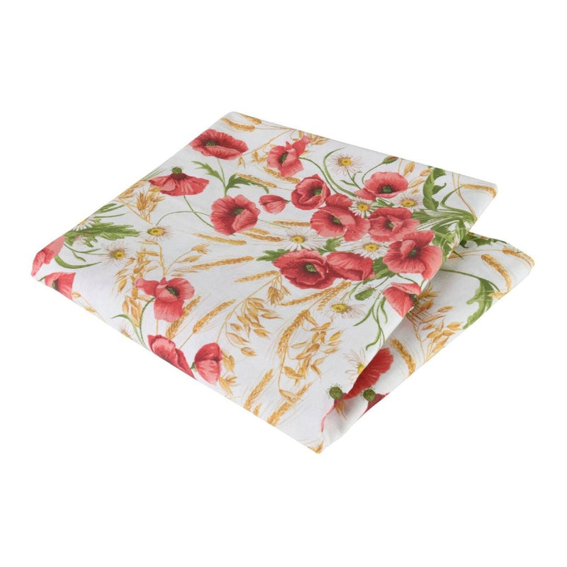 Floral patterned fabric with red flowers and green leaves on a white background