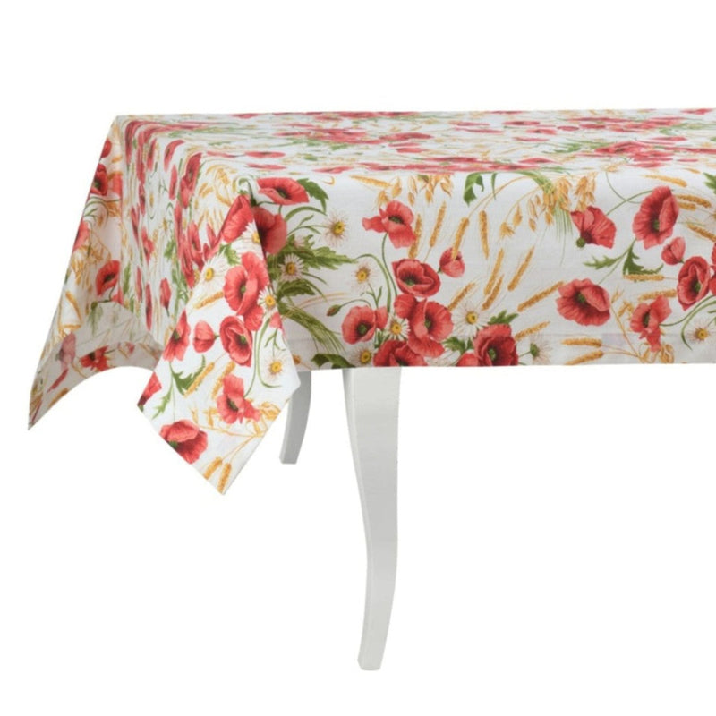 Floral tablecloth with red poppies and green leaves on a white background