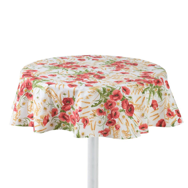 Round cotton tablecloth with a floral pattern, featuring red poppies and barley twigs, on a white background.