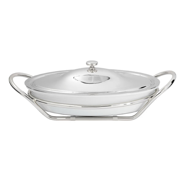 Porcelain oval casserole with silver-plated stand and matching lid from the Grand Gourmet collection by Greggio.