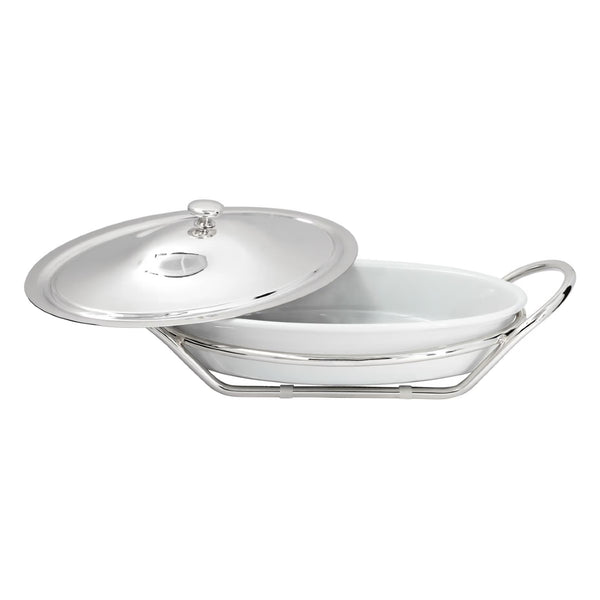 Open Lid Porcelain oval casserole with silver-plated stand and matching lid from the Grand Gourmet collection by Greggio.