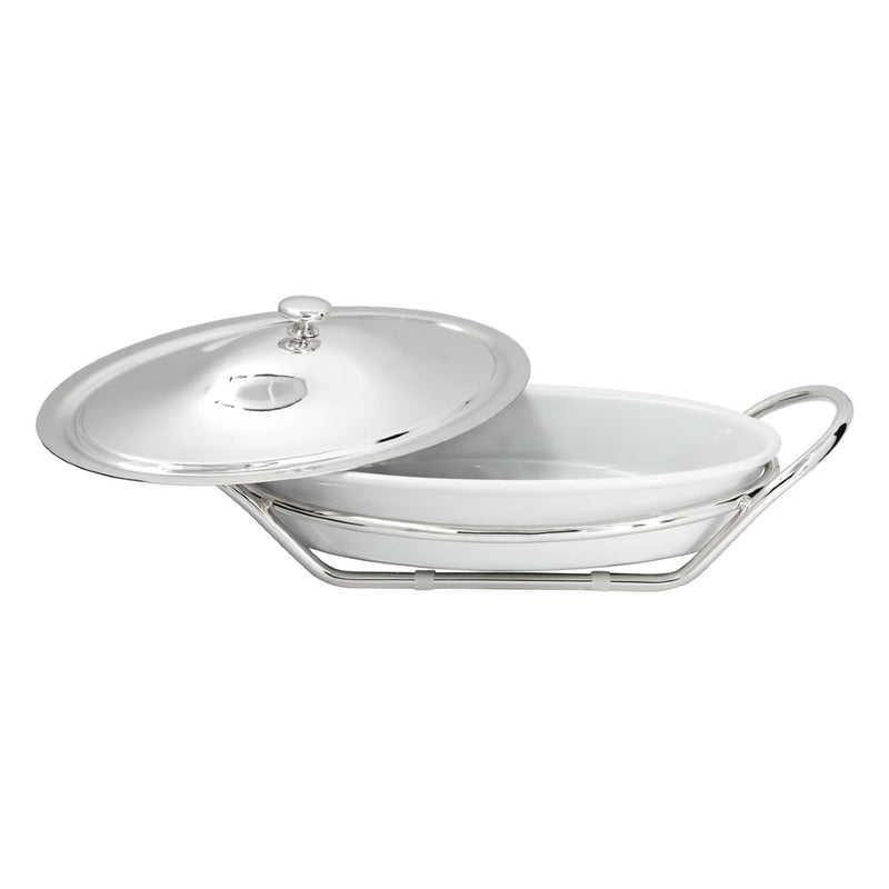 Open Lid Porcelain oval casserole with silver-plated stand and matching lid from the Grand Gourmet collection by Greggio.