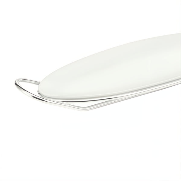 Close-up of Porcelain oval fish serving dish on silver-plated stand from the Linea collection by Schiavon