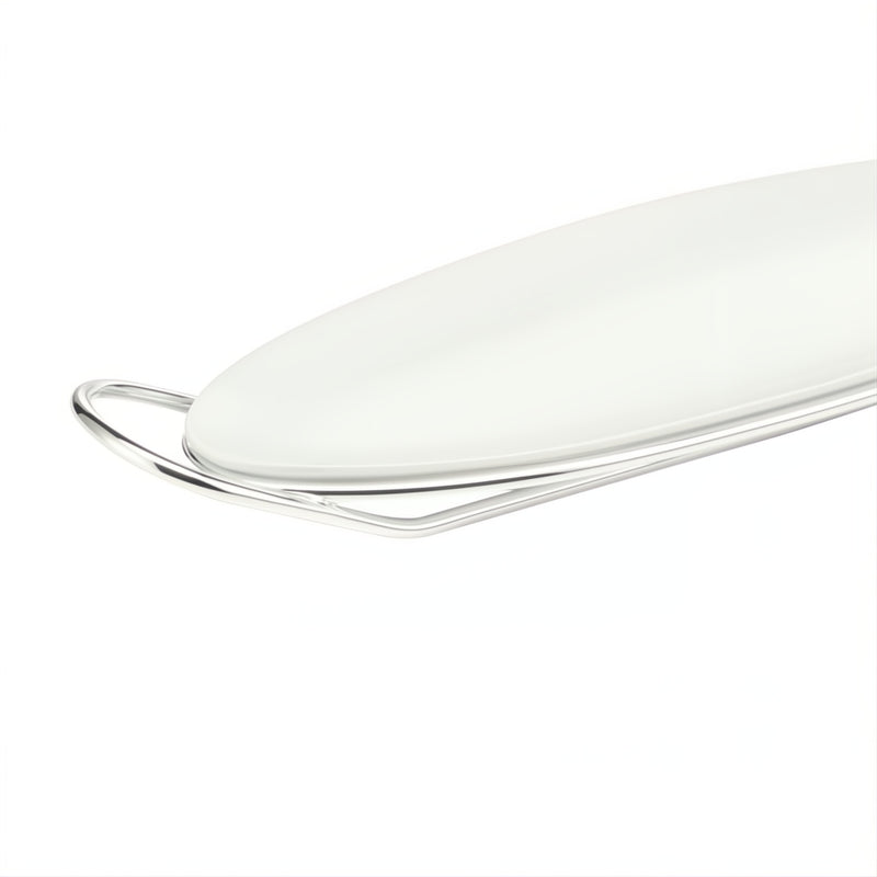 Close-up of Porcelain oval fish serving dish on silver-plated stand from the Linea collection by Schiavon
