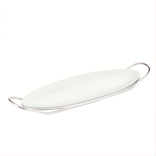 Porcelain oval fish serving dish on silver-plated stand from the Linea collection by Schiavon, featuring Italian craftsmanship and elegant design for luxury dining.