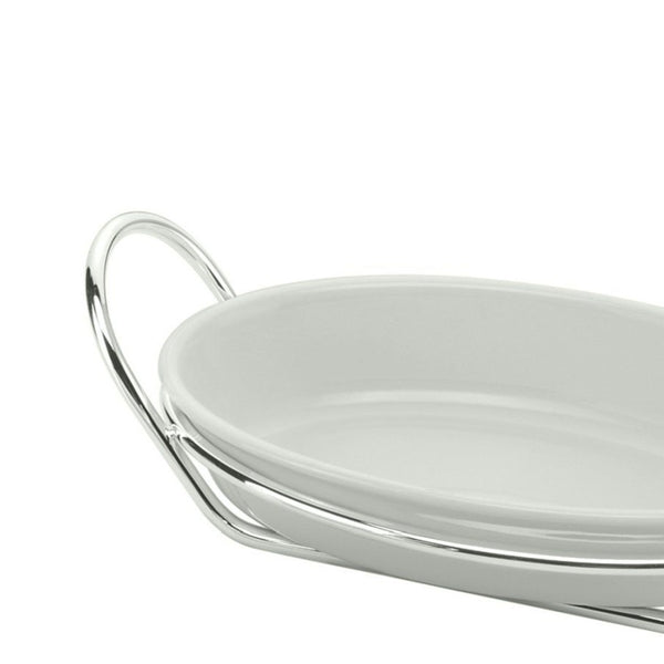 Close-up of Porcelain oval serving dish on silver-plated stand from the Linea collection by Schiavon, combining refined Italian craftsmanship with timeless elegance