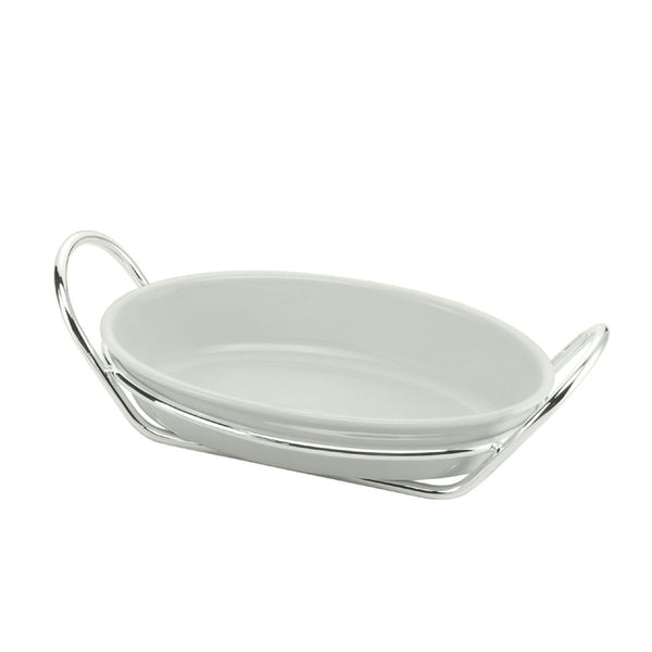 Porcelain oval serving dish on silver-plated stand from the Linea collection by Schiavon, combining refined Italian craftsmanship with timeless elegance.