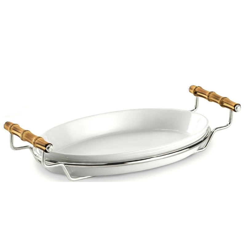 Porcelain oval serving dish from the Linea collection by Schiavon, featuring bamboo handles and a silver-plated stand