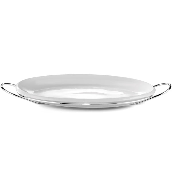Large Porcelain oval tray with silver-plated stand and handles from the Grand Gourmet collection by Greggio.