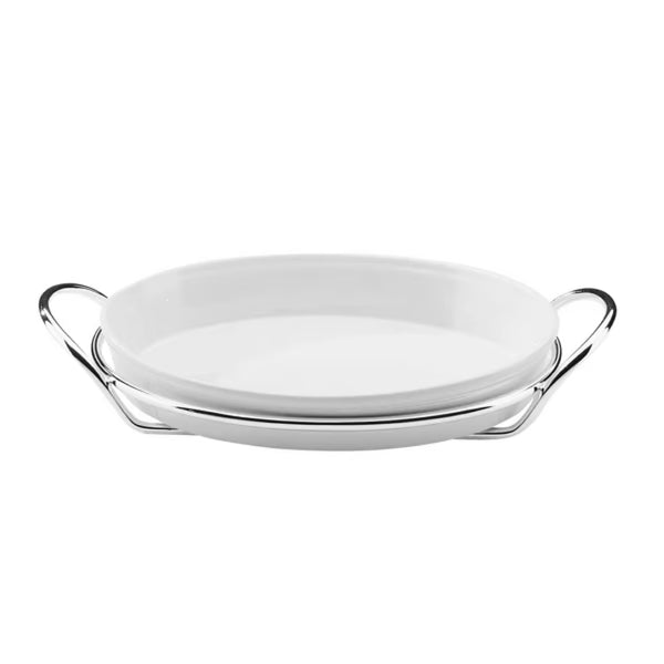 Porcelain oval tray with silver-plated stand and handles small from the Grand Gourmet collection by Greggio.