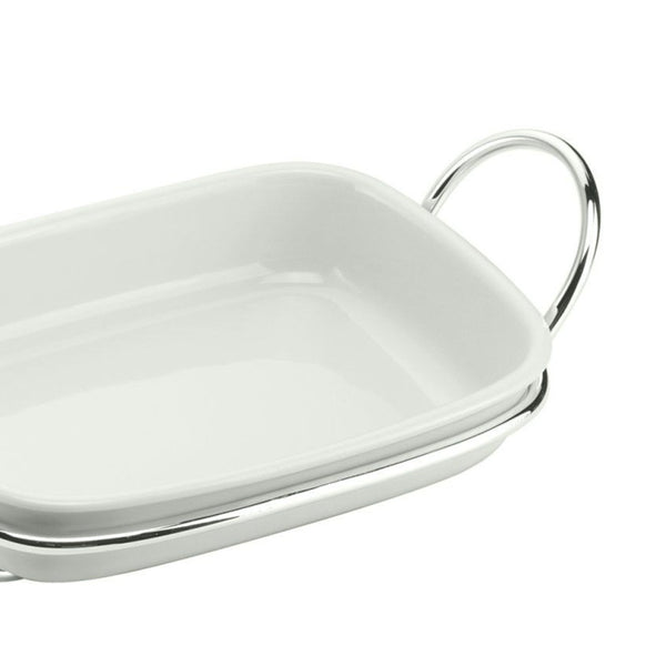 Close-up of Porcelain rectangular serving dish on silver-plated stand from the Linea collection by Schiavon