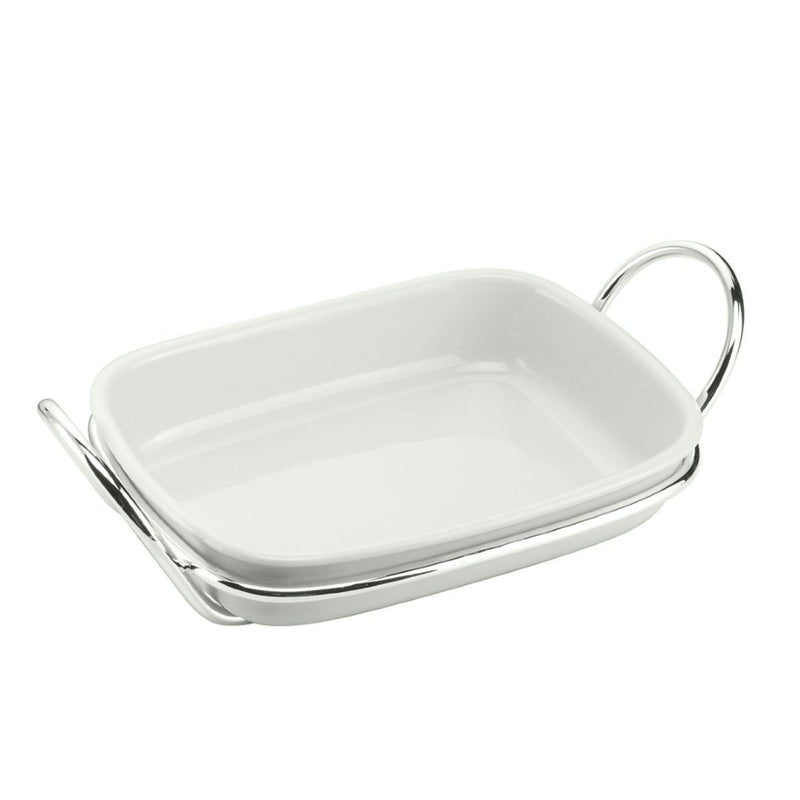 Porcelain rectangular serving dish on silver-plated stand from the Linea collection by Schiavon, featuring elegant Italian design and refined craftsmanship.