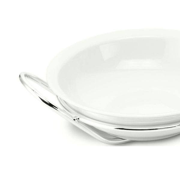 Close-up of Porcelain round salad serving dish on silver-plated stand from the Linea collection by Schiavon, ideal for elegant serving and refined presentation.