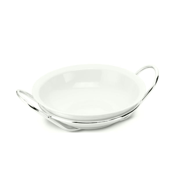 Porcelain round salad serving dish on silver-plated stand from the Linea collection by Schiavon, ideal for elegant serving and refined presentation.