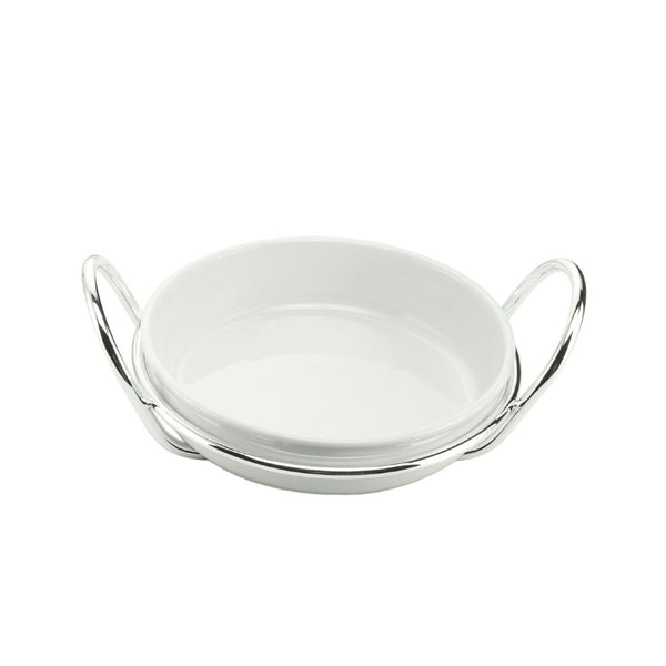 Porcelain round serving dish on silver-plated stand from the Linea collection by Schiavon, ideal for elegant dining and refined presentation.