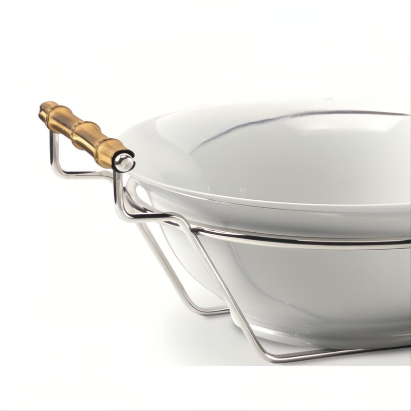 Close-up of the Porcelain round spaghetti serving dish from the Linea collection by Schiavon, featuring bamboo handles and a silver-plated frame.