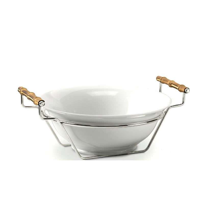Porcelain round spaghetti serving dish from the Linea collection by Schiavon, featuring bamboo handles and a silver-plated frame for elegant table presentation.