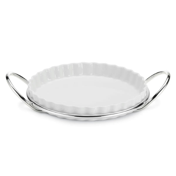 Porcelain round tart tray with silver-plated stand from the Grand Gourmet collection by Greggio, ideal for serving hot tarts and quiches.