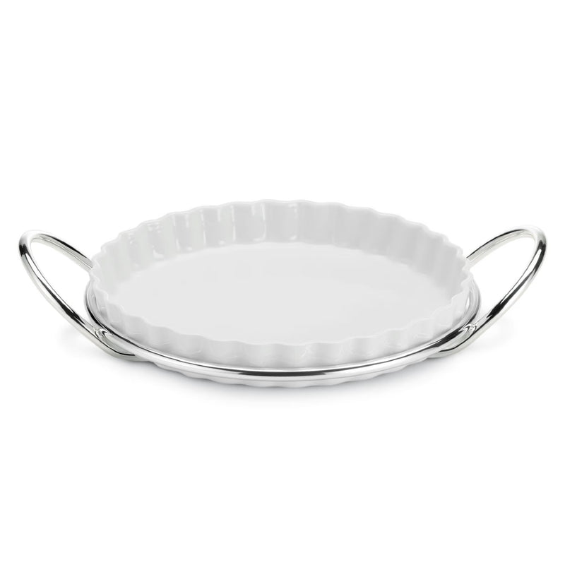 Porcelain round tart tray with silver-plated stand from the Grand Gourmet collection by Greggio, ideal for serving hot tarts and quiches.