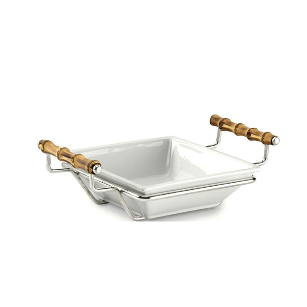 Porcelain square salad bowl from the Linea collection by Schiavon, featuring bamboo handles and a silver-plated frame for elegant serving and presentation.