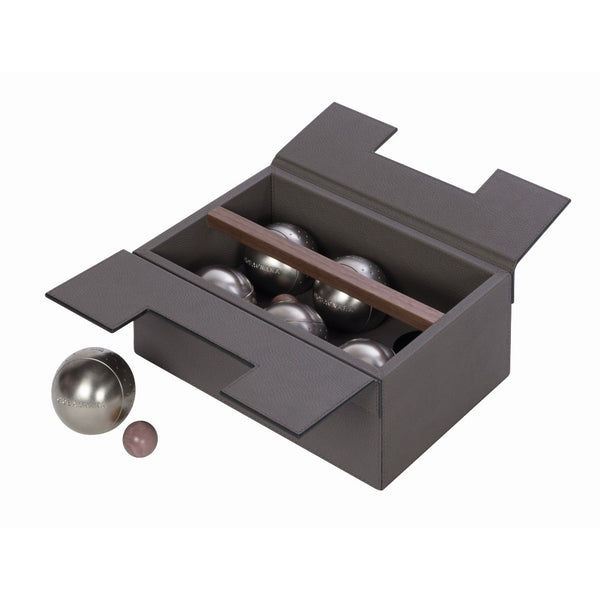 Luxury leather pétanque bocce game set with stainless steel balls by Giobagnara