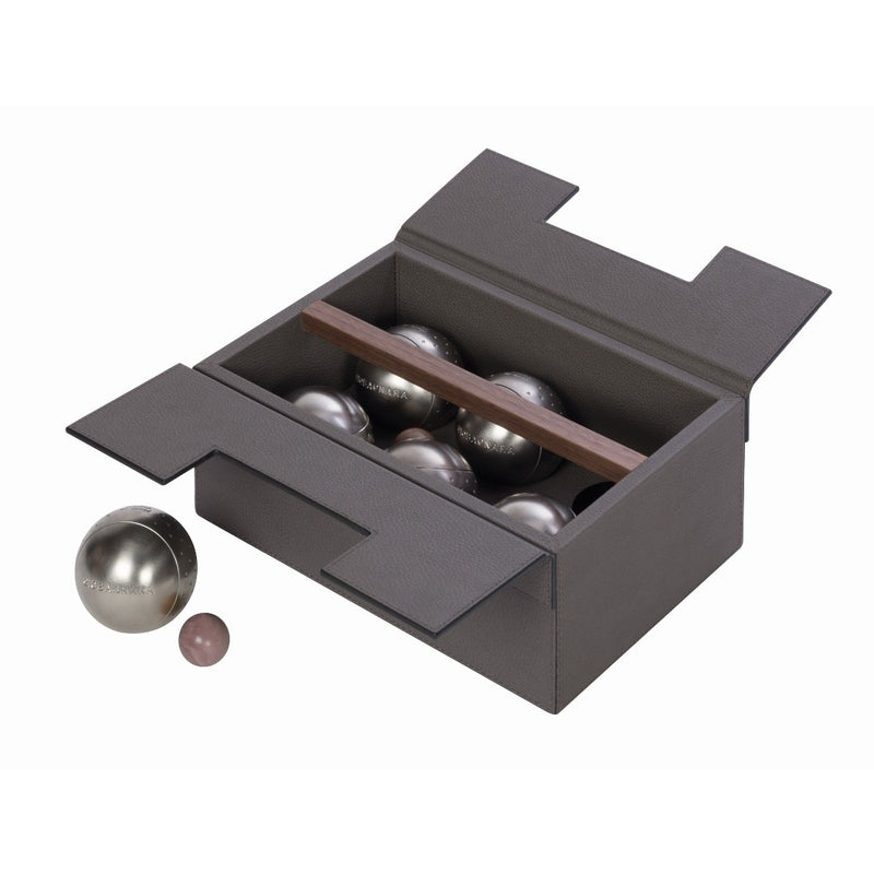 Luxury leather pétanque bocce game set with stainless steel balls by Giobagnara