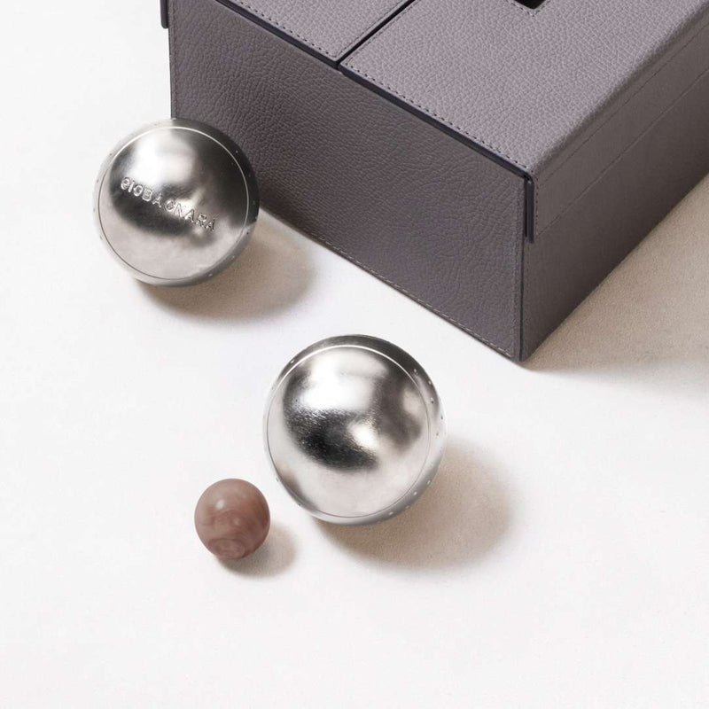Close-up of Luxury leather pétanque bocce game set with stainless steel balls by Giobagnara