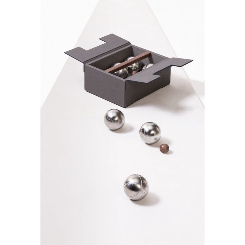 Styled Luxury leather pétanque bocce game set with stainless steel balls by Giobagnara