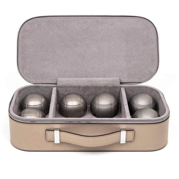 Luxury Pinetti Pétanque Bocce Game Set in taupe leather with metal balls
