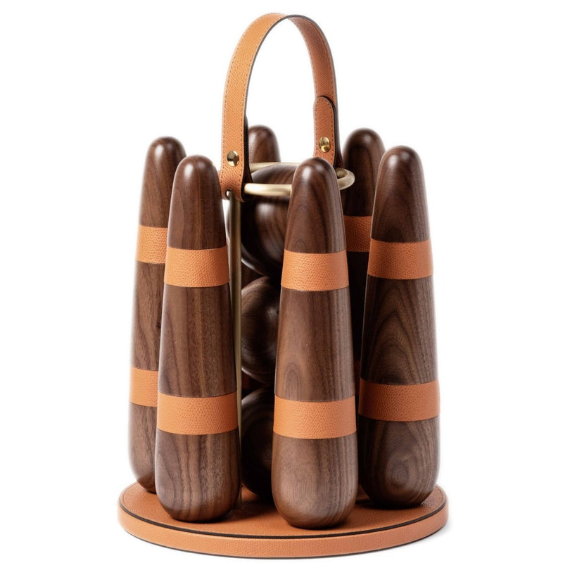 Set of wooden bowling pins with a carrying handle on a white background
