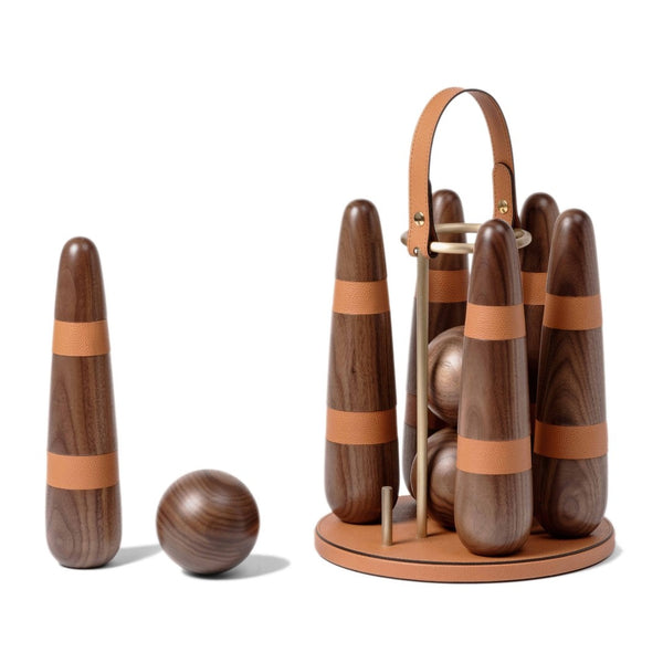 Luxury portable bowling set in Canaletto walnut wood with leather and brass details by Pinetti