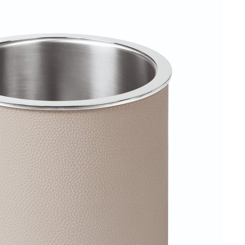 Close-up Positano leather champagne bucket by Giobagnara, insulated brass and stainless steel cooler