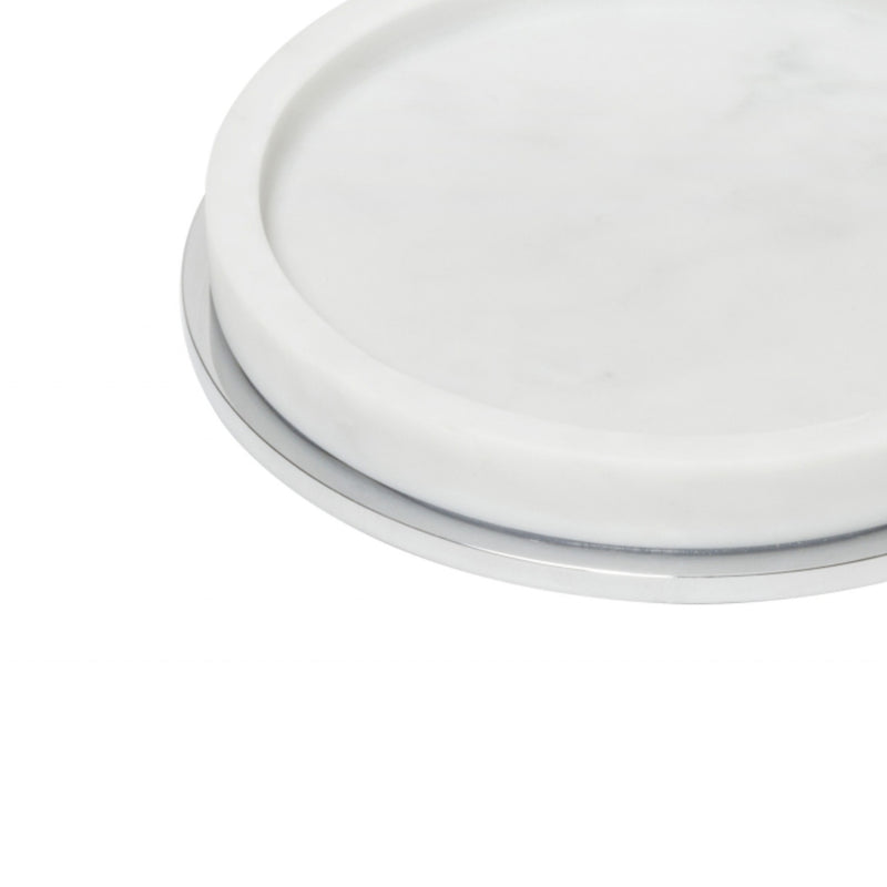 close-up Positano marble bottle coaster in Arabescato white by Giobagnara, modern Italian table decor