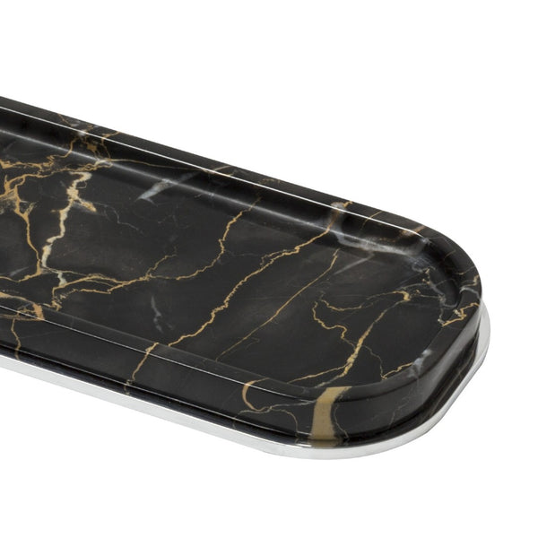 Close-up Positano long marble valet tray in Black Portoro by Giobagnara, handcrafted in Italy with customizable metal finishes.