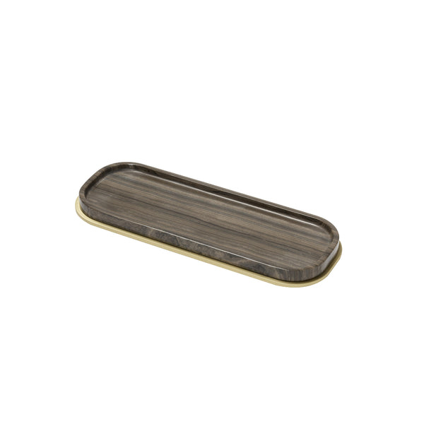 Positano long marble valet tray in Eramosa Brown by Giobagnara, handcrafted in Italy with customizable metal finishes.