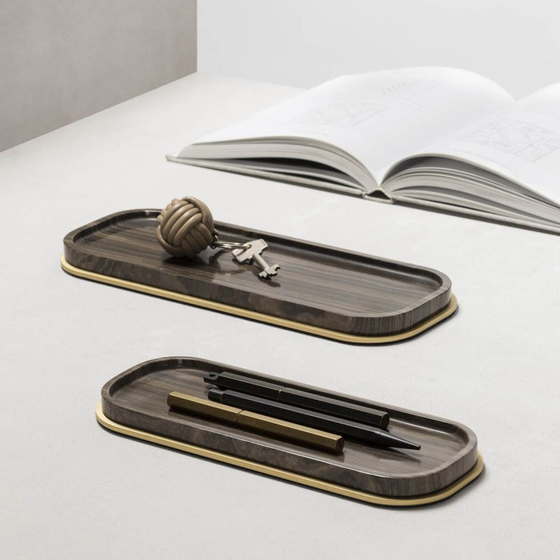 Wooden desk organizer with pen holder and decorative Positano long marble valet tray in Eramosa Brown by Giobagnara, handcrafted in Italy with customizable metal finishes.
