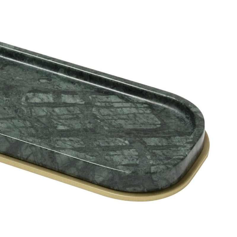 Positano long marble valet tray in Green Guatemala by Giobagnara, handcrafted in Italy with customizable metal finishes.