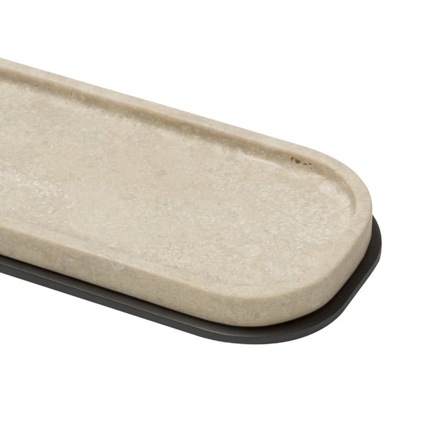 Positano long marble valet tray in Travertino by Giobagnara, handcrafted in Italy with customizable metal finishes.