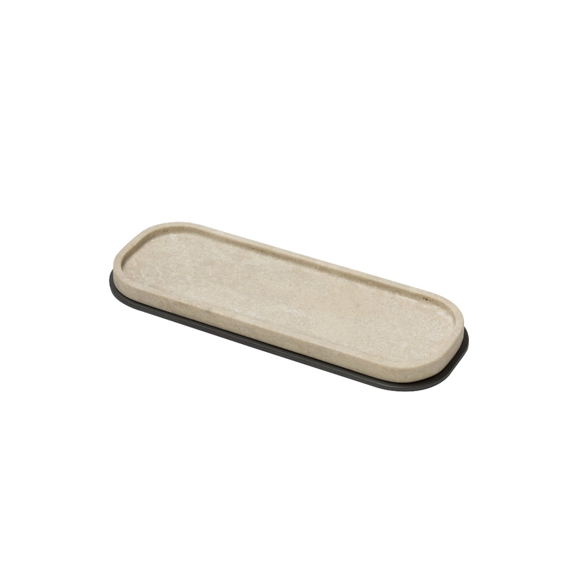 A rectangular beige marble valet tray with a metal base, rectangular in shape and designed for organizing essentials.