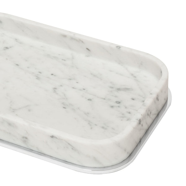 Positano marble valet tray in Arabescato White by Giobagnara, handcrafted in Italy with customizable metal finishes.